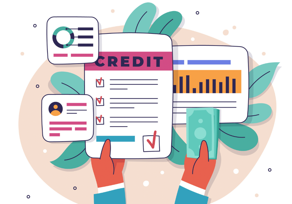 Illustration of hands holding a credit report and cash, surrounded by charts, graphs, and profile icons, symbolizing credit evaluation, financial records, or personal credit information