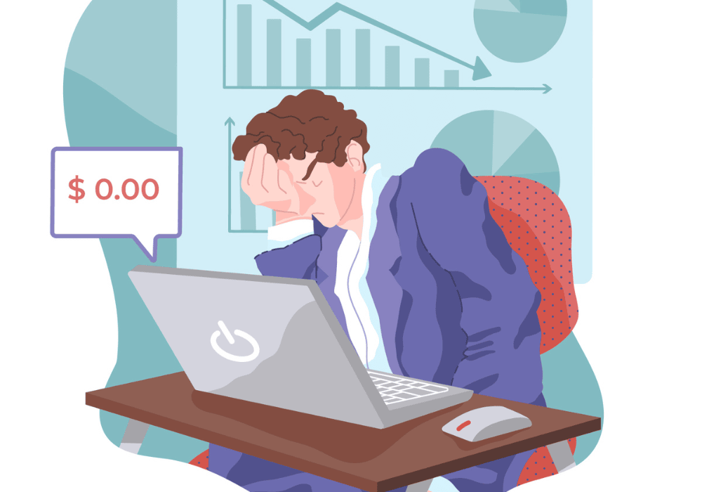 Illustration of a stressed man sitting at a desk with a laptop, holding his head in frustration. A speech bubble shows '$0.00,' and charts with downward trends are displayed in the background, symbolizing financial loss or having no money