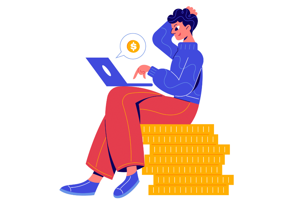 Colorful illustration of a person sitting on a stack of large gold coins while using a laptop, with a speech bubble showing a dollar sign, symbolizing online money management or financial planning