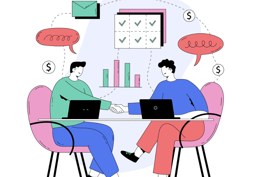 Colorful illustration of two people sitting across a table with laptops, shaking hands while surrounded by charts, graphs, dollar signs, and speech bubbles, symbolizing a successful business deal or financial agreement.