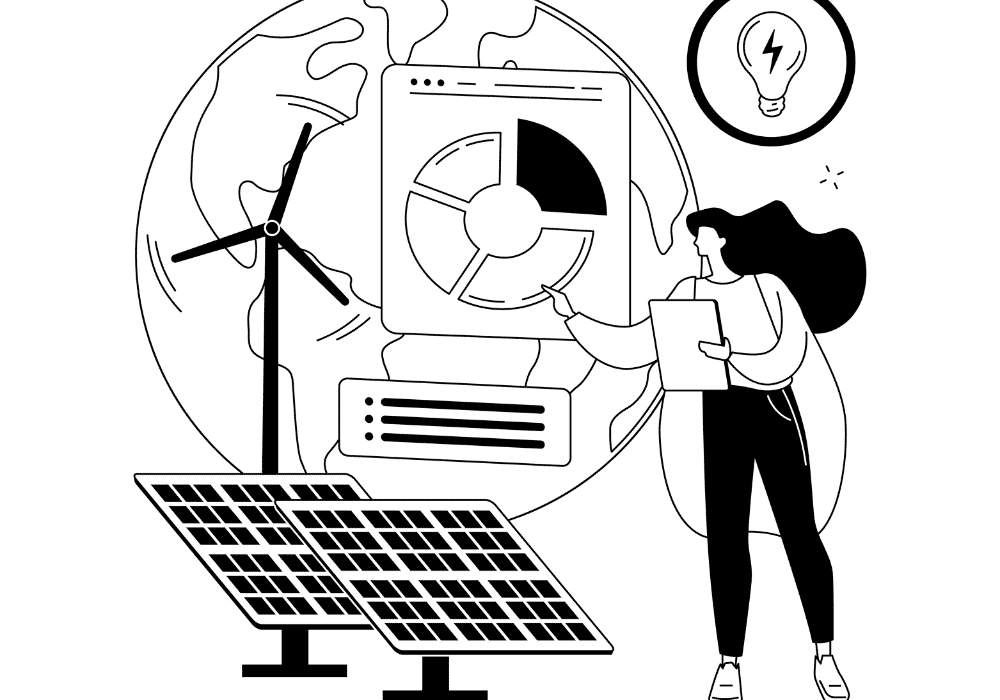 Black and white illustration of a woman holding a clipboard and pointing at a large chart in front of a globe, with solar panels and a wind turbine in the foreground and a light bulb icon above, symbolizing renewable energy and sustainable analysis