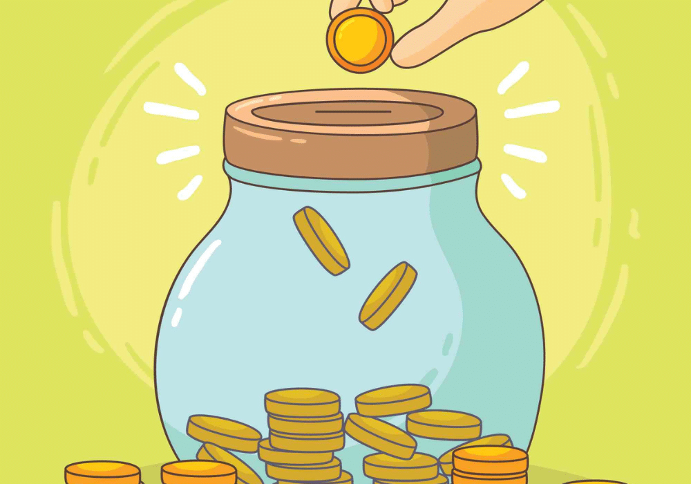 Illustration of a hand placing a gold coin into a large glass jar filled with coins, symbolizing saving money or collecting funds, on a bright yellow-green background.