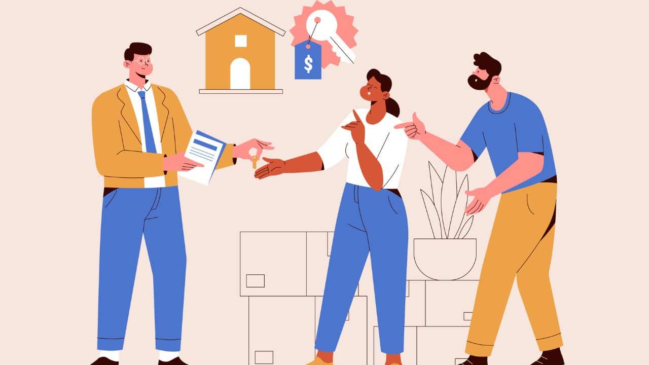 Illustration of a real estate agent handing keys and documents to a smiling couple, symbolizing buying or renting a house, with an icon of a house and a price tag above them.
