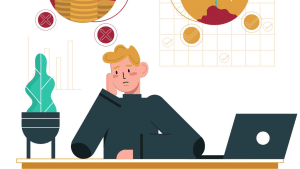 Illustration of a worried man sitting at a desk with a laptop, resting his head on his hand. Around him are charts and icons of coins with red X marks, suggesting financial stress, loss, or budget problems