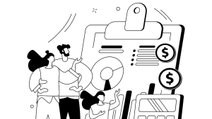 Black and white illustration of three people, including a child, standing in front of a large clipboard with charts, graphs, and dollar symbols, representing financial planning or budgeting