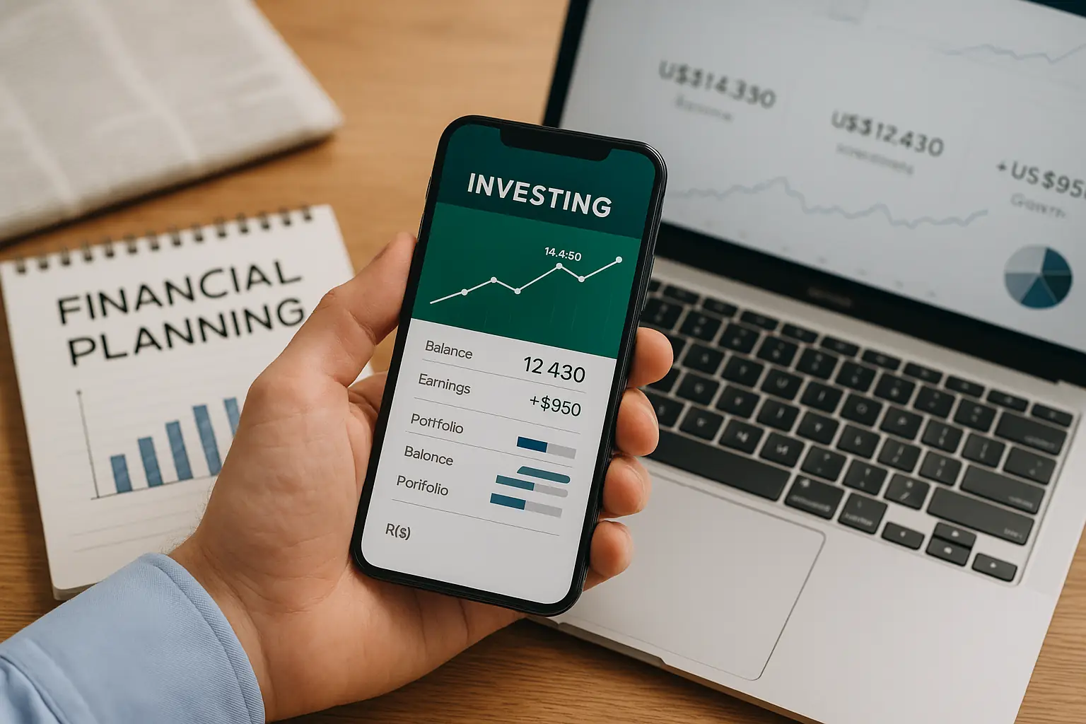 A realistic scene of automated investing with a smartphone displaying portfolio growth charts next to a laptop on a wooden desk.