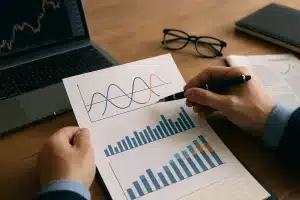 A professional analyzing charts and graphs on a desk with a laptop, symbolizing investing strategies across economic cycles.