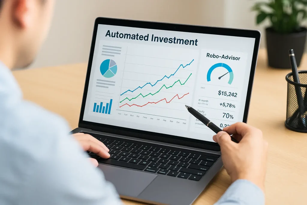 A professional investor analyzing automated investing graphs and portfolio metrics on a laptop screen in a modern office setting.