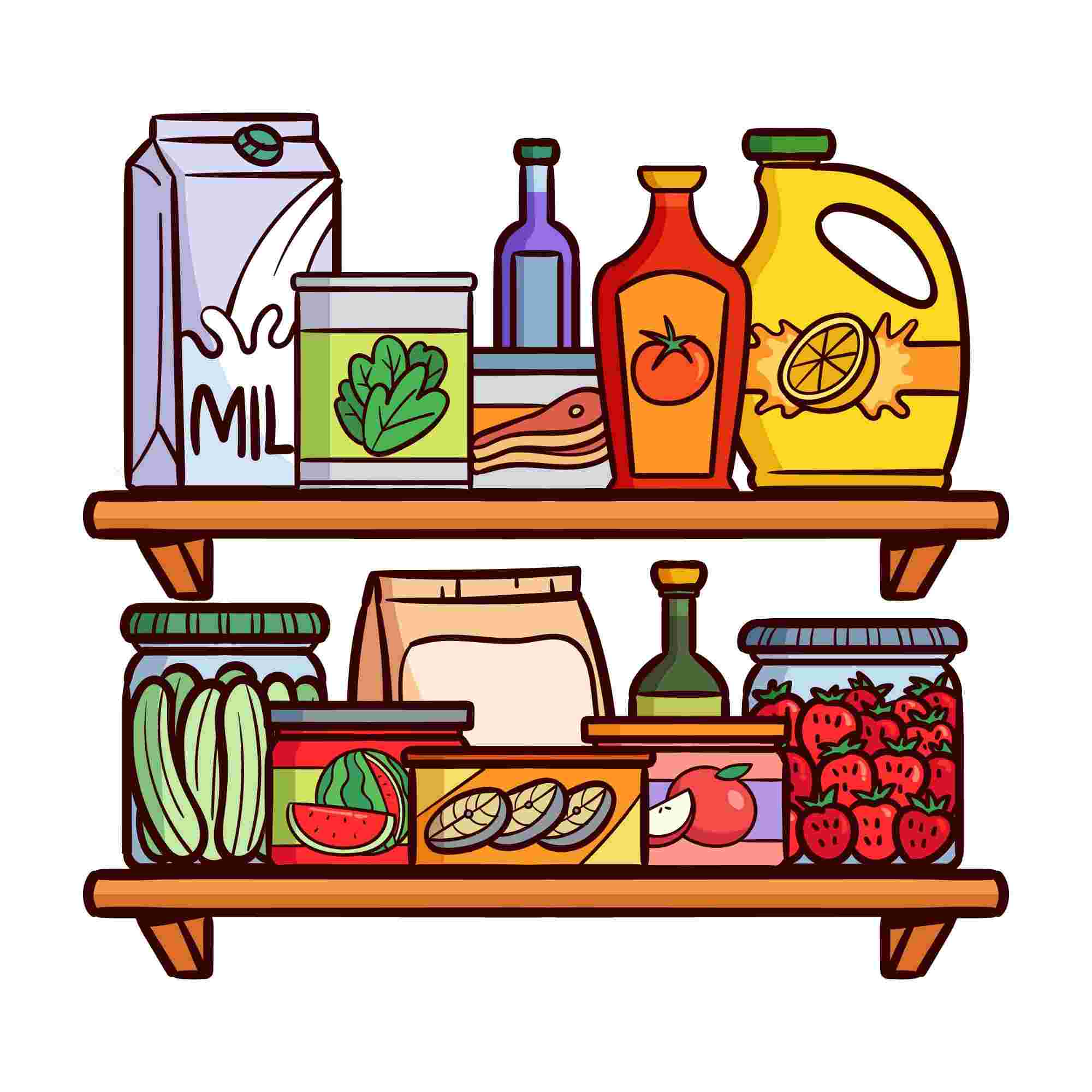 Colorful illustration of two wooden pantry shelves filled with various food items, including a milk carton, canned vegetables, bottles of sauces and oil, a jug of orange juice, jars of pickles and strawberries, boxes of cereals or snacks, and paper bags.