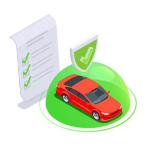 3D illustration of a red car protected under a green shield with a checklist document beside it, symbolizing insured auto financing.