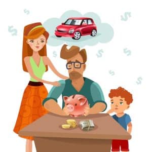 Illustration of a family saving money with a piggy bank, coins, and cash on the table, dreaming of buying a red car.