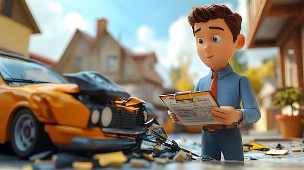 3D illustration of an insurance agent inspecting a damaged yellow car with a clipboard, representing accident claims and auto insurance.