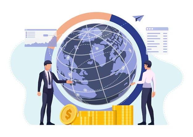 Illustration of two business professionals standing near a globe with financial charts and stacks of gold coins, representing global economy and investments.