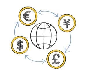 Hand-drawn illustration of a globe surrounded by currency symbols for euro, dollar, yen, and pound connected by arrows, symbolizing international finance.