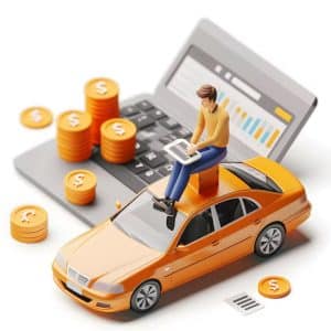 3D illustration of a man sitting on top of an orange car using a tablet, surrounded by stacks of coins and a laptop with financial charts, symbolizing car loan management.