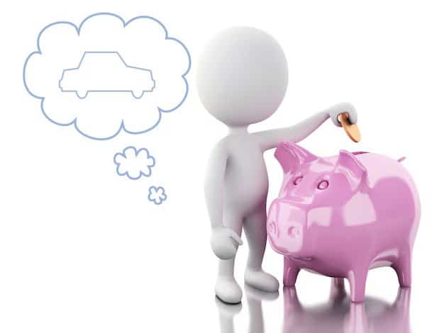 3D illustration of a person placing a coin into a pink piggy bank with a thought bubble of a car, symbolizing saving money to buy a vehicle.