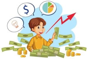 Cartoon illustration of a happy person surrounded by stacks of money and coins with finance icons and a growth arrow, symbolizing financial success.