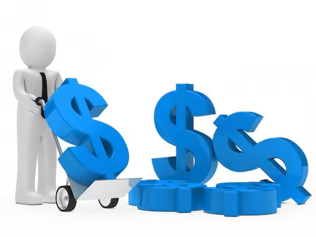 3D illustration of a person moving large blue dollar signs with a hand truck, representing financial management and investment.