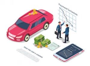 Illustration of a red car with coins on top, businessmen discussing a payment schedule chart, and money stacks, representing car leasing agreements.