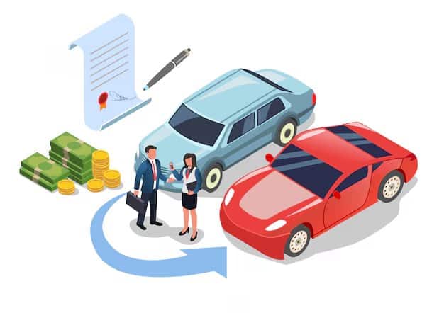 Illustration of two businesspeople standing between a blue car and a red car with money stacks and a signed contract, symbolizing vehicle trade-in financing.