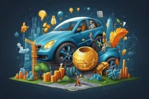 Fantasy illustration of a large blue car surrounded by golden coins, light bulbs, and small figures working, symbolizing creativity and automotive finance.