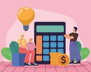Illustration of a family saving money with a large calculator, a piggy bank, and stacks of coins, symbolizing financial planning and budgeting.