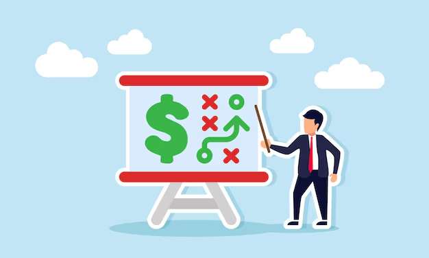 Businessman pointing at a presentation board with dollar sign, arrows, and strategy symbols, representing financial planning and investment strategy.