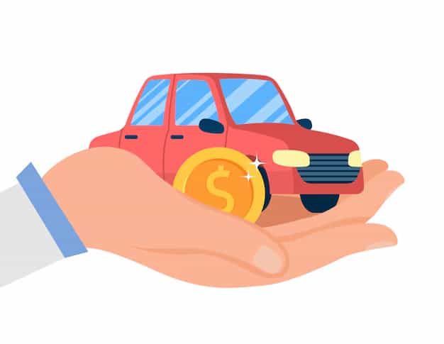 Ilustração de uma mão segurando um carro vermelho em miniatura com uma moeda dourada com símbolo de cifrão ao lado.