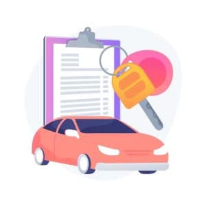 Ilustração de um carro vermelho ao lado de um prancheta com documentos e uma chave de carro laranja pendurada em um chaveiro.
